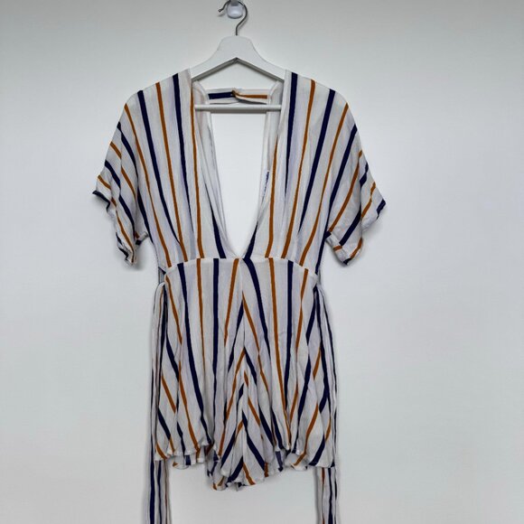 Summer Jumpsuit One piece Shorts with Vertical Colored Design Open front - Picture 7 of 10